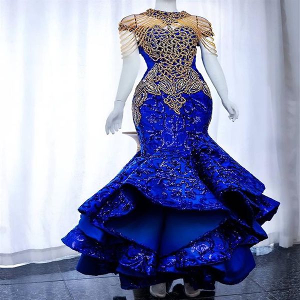 2021 Plus Size Arabo Aso Ebi Lussuoso Royal Blue Prom Dresses Perline Cristalli Pizzo Sera Formale Festa Secondo Ricevimento Abiti D231t
