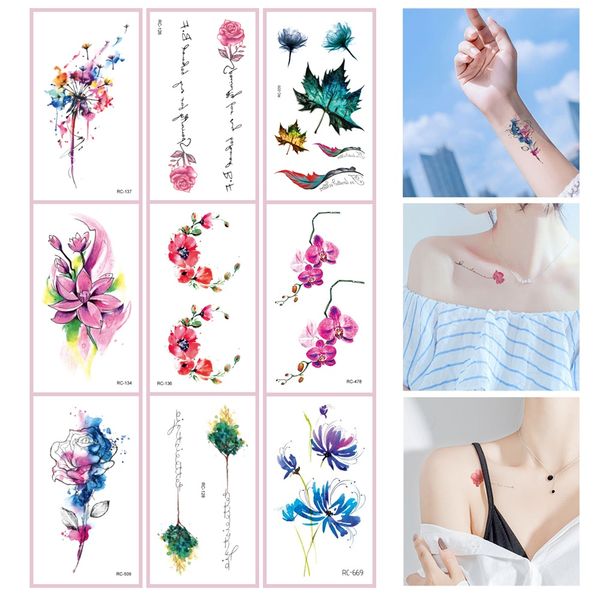 52 Arten Aquarell Flora Lavendel Wasserdicht Fake Tattoos Temporäre Frauen Arm Brust Knöchel Aufkleber Floral Body Art Tatto Blume