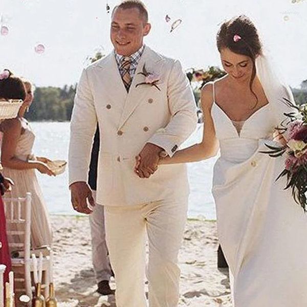 Мужские костюмы пляжный льняной свадебный костюм для жениха Лето с двойной грудью мужчины Торм Слим Фат мужской модный пиджак Блейзер 2 штук брюки