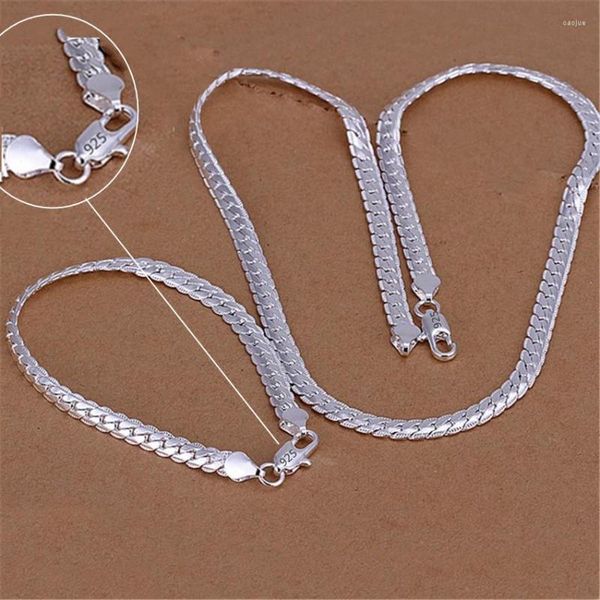 Halskette Ohrringe Set 925 Silber Farbe Weihnachtsgeschenke Europäischen Stil 6MM Flache Kette Armbänder Mode Für Mann Frauen
