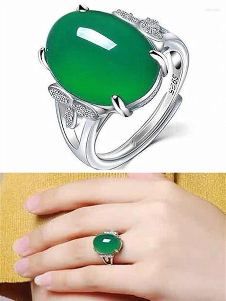 Clusterringe Vintage Grüne Jade Smaragd Edelsteine Roter Achat Zirkon Diamanten Für Frauen Weißgold Silber Farbe Schmuck Bijoux Party Geschenk