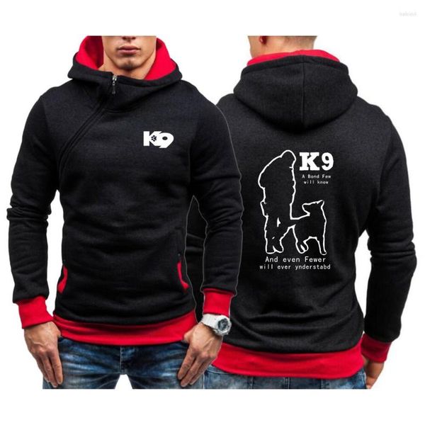 Moletons masculinos TRAINER K9 Team Unit Malinois 2023 Masculino Casual Diagonal Zipper Sweatshirts Casacos Cor Sólida Moda Estampado Casaco com Capuz