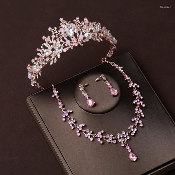 Collana Orecchini Set Itacazzo Copricapo da sposa Corona Earwear Diademi di fidanzamento dolce da donna di colore rosa