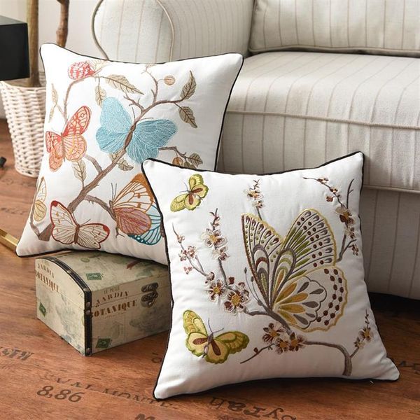 Almofada decorativa almofada borboleta pavão bordado capa de almofada 45x45cm floral estilo country algodão decoração de casa para livin272l