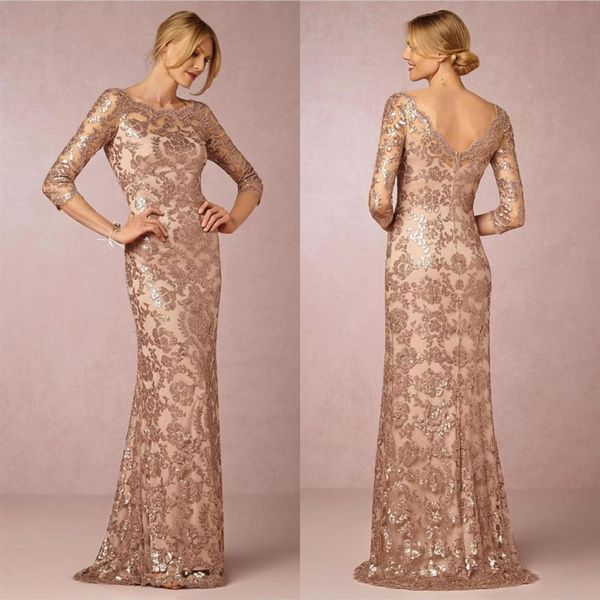 Abiti da sera economici a sirena in oro rosa con mezze maniche Abiti da sera lunghi con paillettes Abiti da sera eleganti eleganti Robe de Soiree BA0306T