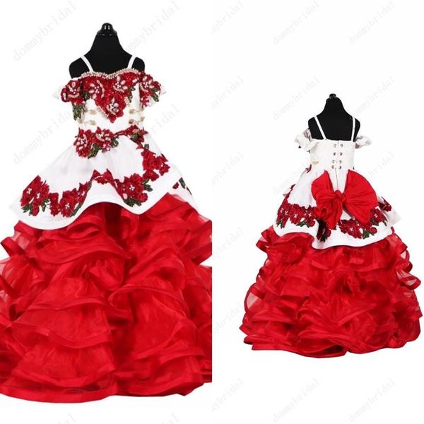 Puffy Mexican Little Girls Cheant Pageant Quinceanera платья подростки с цветочным аппликацией жемчужины из бисера, слоистые слои, выпускные платья.