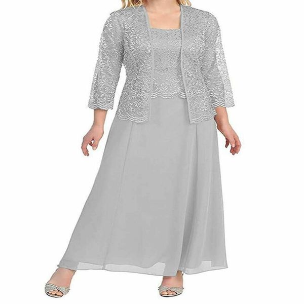 Silbergrau 2019 Brautmutterkleid mit Jacke, schlicht, günstig, Hochzeitsgastkleid, Outfits, knöchellang, formelle Abendkleider262F