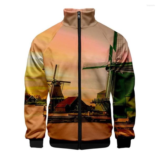 Herrenjacken Strand Windmühle Stehkragen Reißverschluss Sweatshirts Männer Frauen Ozean Himmel Schöne Meeresansicht Hoodie 3D Herbstmäntel