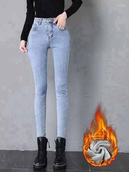 Jeans da donna 2023 Winter Skinny Warm Women Plus Velvet Casual Thick Pencil Pants Leggings da donna in denim elasticizzato a vita alta
