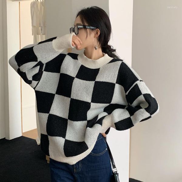 Kadın Sweaters 2023 Kadınlar İçin Sonbahar Giysileri Kış Harajuku Kore Moda Kişilik Vintage Tatlı Kontrast Renk Ekose Örgü Sweater