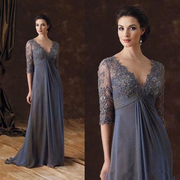 Elegante Empire-Taille Kleider für die Brautmutter Spitze Halbarm Abendkleider V-Ausschnitt Chiffon Langes Hochzeitsgastkleid M98285H