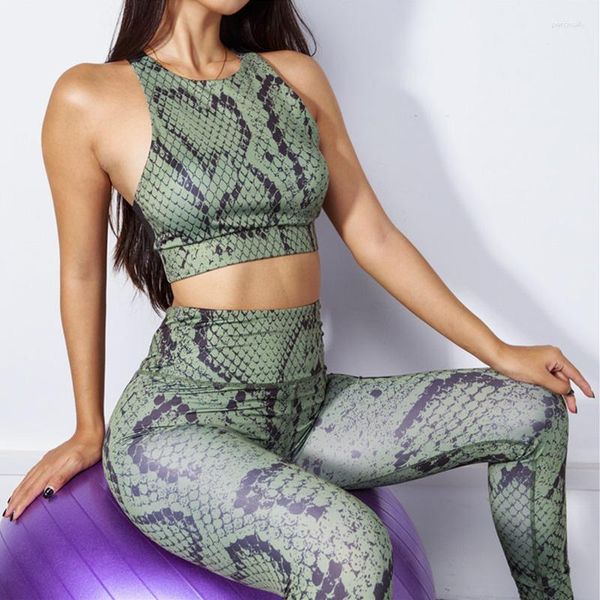 Conjuntos ativos europeus e americanos com estampa de cobra conjunto de ioga feminino respirável elástico sutiã esportivo cintura alta leggings justos roupas de ginástica
