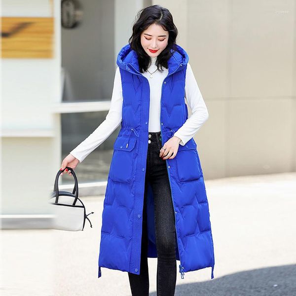 Coletes femininos 2023 inverno longo algodão acolchoado colete feminino com capuz sem manga bolso grande parkas estilo solto casual grosso quente colete