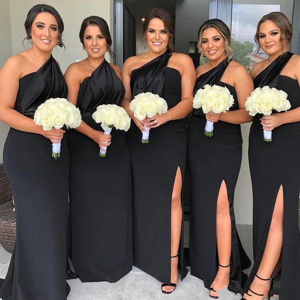 2020 Elegante Preto Um Ombro Vestidos Dama De Honra Dividido Lateral Primavera Verão Campo Jardim Formal Festa De Casamento Vestidos Para Convidados Pl268Z