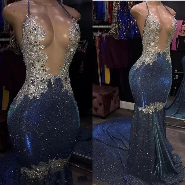 Sparkle Blue Sequints Crystal Mermaid Promes Sexy Backless Prom Prom Prom Halter Neck Women Formal Party Dress Custom Made207d