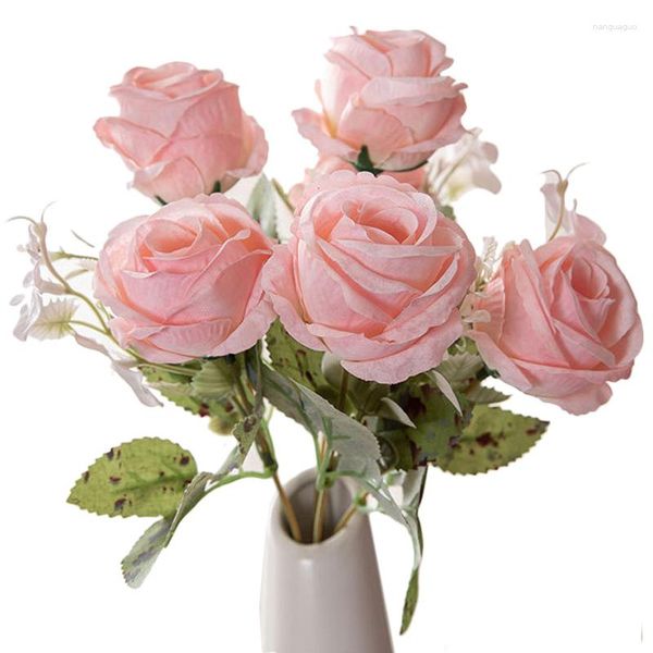 Flores decorativas ramo longo rosa cabeça de seda artificial para decoração de mesa de festa de casamento em casa buquê faça você mesmo plantas falsas de alta qualidade