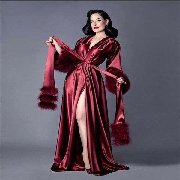 Borgogna Robe Women Feather Full Length Lingerie Camicia da notte Sleepwear Abiti di lusso femminili Homewear Nightwear339x