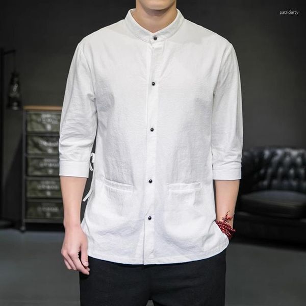 Camisas casuais masculinas primavera verão meia manga masculina retrô gola dupla bolso duplo linho de algodão camisa masculina estilo chinês roupas tradicionais