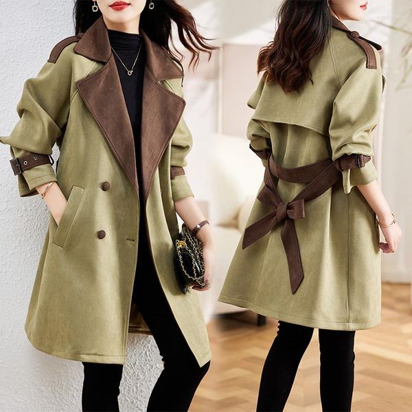 Trench da donna 2023 Moda Cappotto in pelle scamosciata Autunno Inverno Cintura doppiopetto Camoscio Giacca a vento Capispalla lunga Donna Casual Top