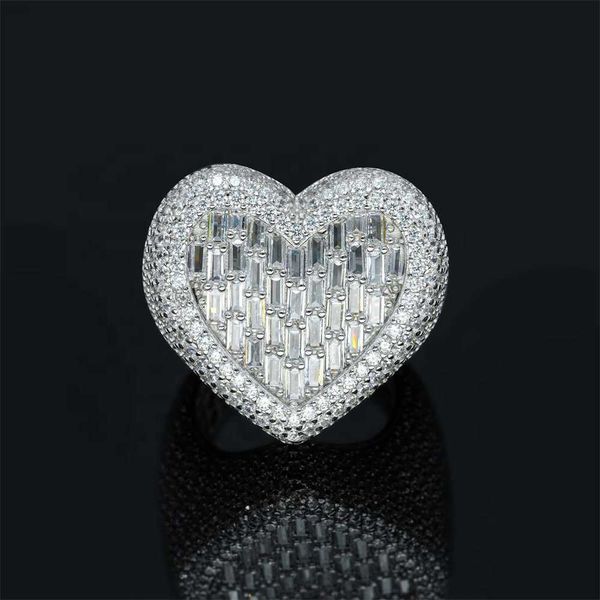 Anel de coração Hip Hop com diamante personalizado Iced Out Vvs Moissanite Baguete 925 Prata 10k 14k Ouro real Hiphop Jóias masculinas
