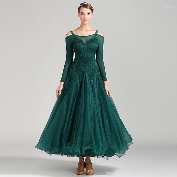 Vestidos de competição de dança de salão para roupas de palco para mulheres, roupas de desempenho de valsa padrão, senhoras, tango, foxtrot, vestido verde DC3560