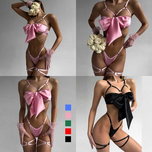 Nxy Bowknot Lingerie Lingerie Open Bra Lace Up Сексуальное нижнее белье с 3 частями атласной эротической одежды молодые девушки без цензуры билизна прекрасный набор секса 230717