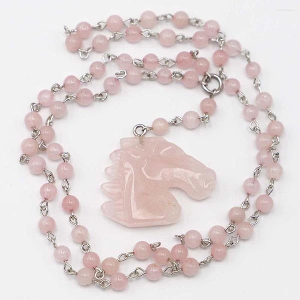 Correntes Pedra Natural Conta Redonda Escultura Quartzo Rosa Cabeça de Cavalo Pingente Colar Camisola Corrente de Jóias Fazendo Acessórios Atacado 3Pçs