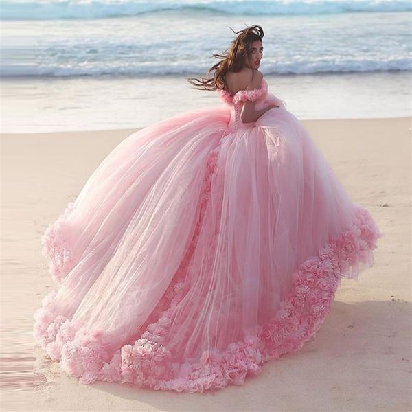 Romantik pembe gelinlik prenses balo elbiseleri 3d-floral aplikler büyük kabarık mütevazı gelinlikler kısa kollu Arap Dubai Robe3368