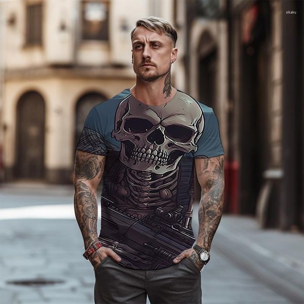 Camisetas masculinas de alta qualidade 3D esqueleto impressão de retrato camisa de manga curta retrô street estilo casual moda verão