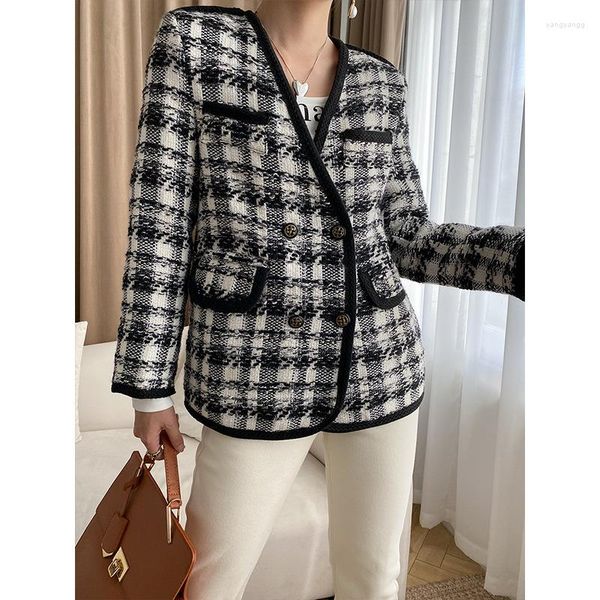 Giacche da donna Cappotto scozzese alla moda in misto lana Jacekts Blazer maniche lunghe Elegante top nero Abbigliamento formale