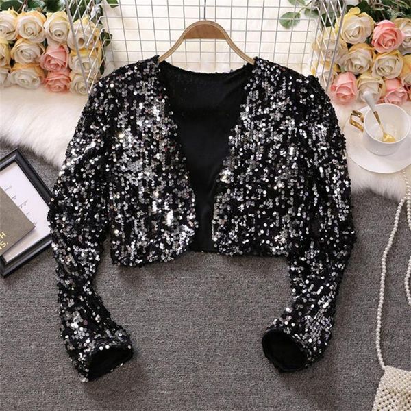 Женские куртки Qnpqyx Sexy Women Sexy Sequin Cardigan куртка пальто с длинным рукавом короткие укороченные Bolero Clubwear Vintage Party Costumes