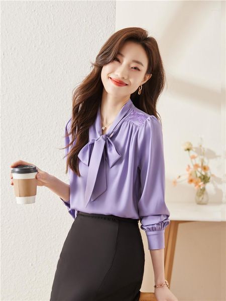 Blusas Femininas Moda Blusa 2023 Outono Primavera Gravata Borboleta Elegante E Juvenil Camisa Feminina Roxo Manga Comprida Tops Roupas De Escritório Mulher