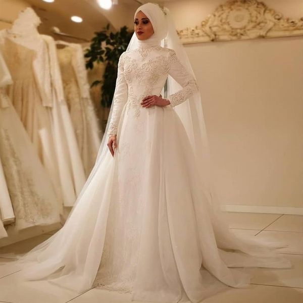 2021 Modest Vestido De Noiva Elegante Lange Ärmel O Neck Muslim Brautkleider Tüll Zipper Zurück Spitze Islamische Hochzeit Brautkleid259M