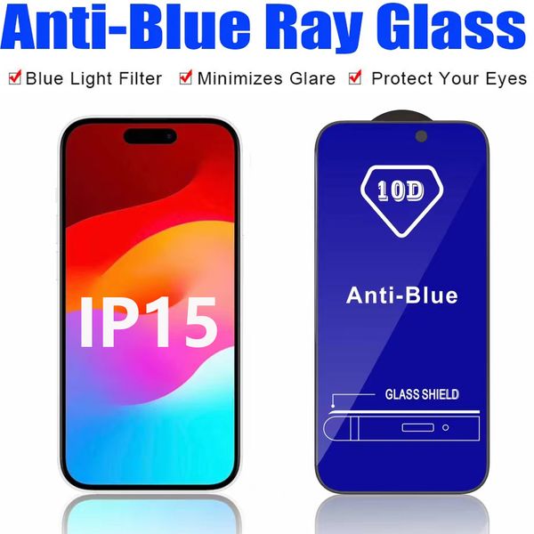 10d Anti-Blaulicht Vollständige Abdeckung Gehärtetes Glas Telefon-Displayschutzfolie für iPhone 15 14 13 12 11 Mini Pro Max XR XS 6 7 8 Plus Samsung A14 A24 A34 A54 Anti-Glare-Folie