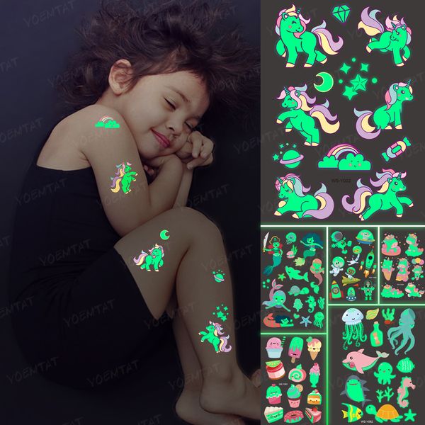 Luminous Night Tattoo Stickers For Children Unicorn Stars Temporary Waterproof Tatto Body Art Kid Halloween Cartoon Fake Tatoo