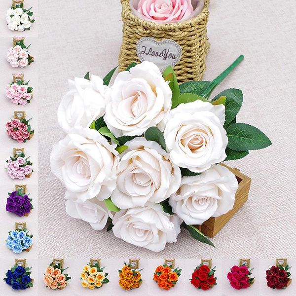 Fiori decorativi Simulazione a 9 teste Bouquet di rose di lana Soggiorno di casa Tavolo da pranzo Decorazione Disposizione di cerimonia nuziale Falso artificiale
