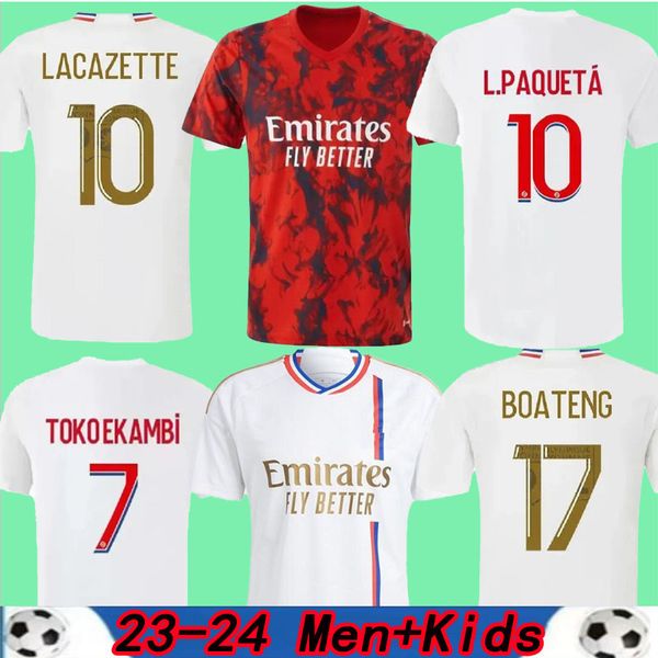 23 24 Ly On Soccer Jerseys Maillot de Foot Caqueret Ol 2023 2024 Домашняя футбольная рубашка Aouar Barcola Castello Jr Cherki Bateeng Dembele Gusto Man Kids Set Set Equipment