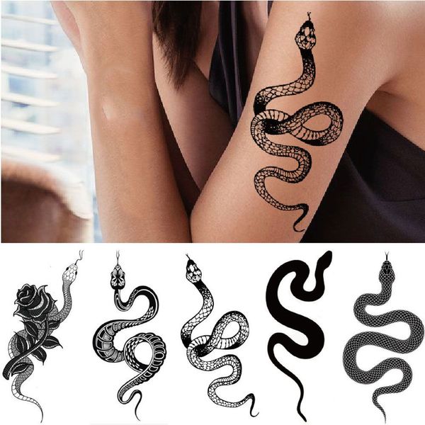 Adesivi per tatuaggi temporanei di serpente di nuova moda Vari adesivi per tatuaggi di serpenti di morte con braccio di fiori freschi di marea scura Tatuaggio impermeabile