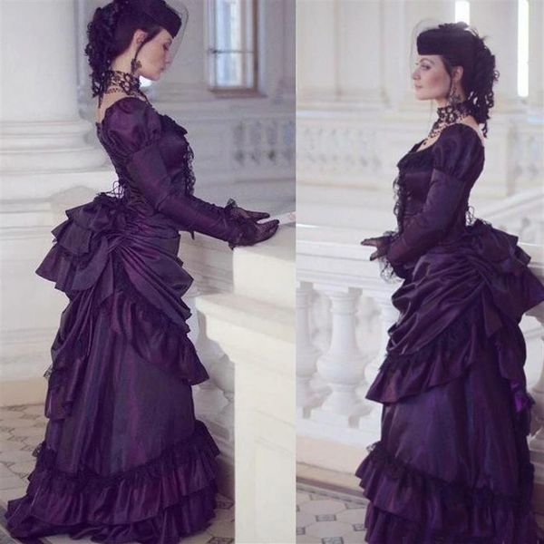 2020 Victorian Gothic Purple Vestidos de Baile Retro Royal House Ball Duquesa Vestidos de Festa Mangas Compridas Renda Ruched Renascentista Aristocr314u