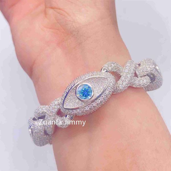 Estilo único personalizado 15mm Pass Diamond Tester Colorful Moissanite Hip Hop Jóias Iced Out Corrente de Elos Cubanos Evil Eyes Bracelet