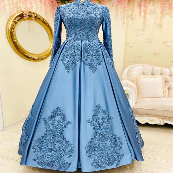 Blaue muslimische Abendkleider 2022 Stehkragen mit langen Ärmeln Applikation Spitze Satin Ballkleider Elegante Frauen Formelle Kleidung Robe De Marriage284S