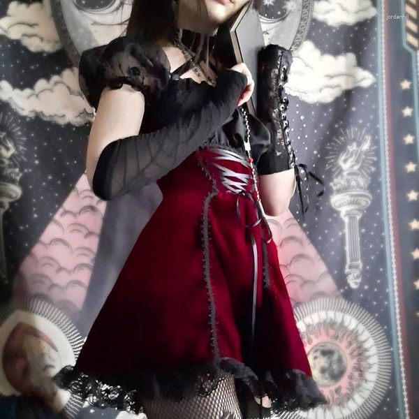 Vestidos de festa feminino gótico lolita vintage veludo com renda punk manga bufante decote quadrado Y2K mini vestido renascentista cosplay fantasias de halloween