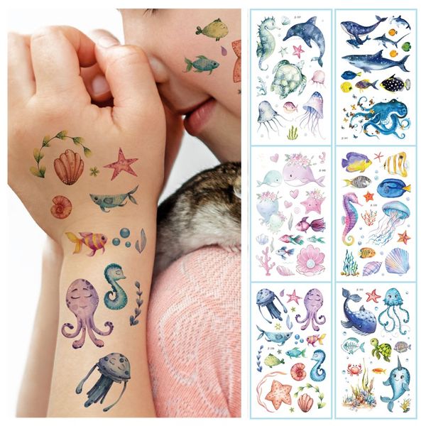 12 Arten wasserdichte temporäre Tattoos für Kinder, Cartoon-Delfine, Wale, Meeresfische, Aquarell, gefälschte Tattoo-Aufkleber, Einweg