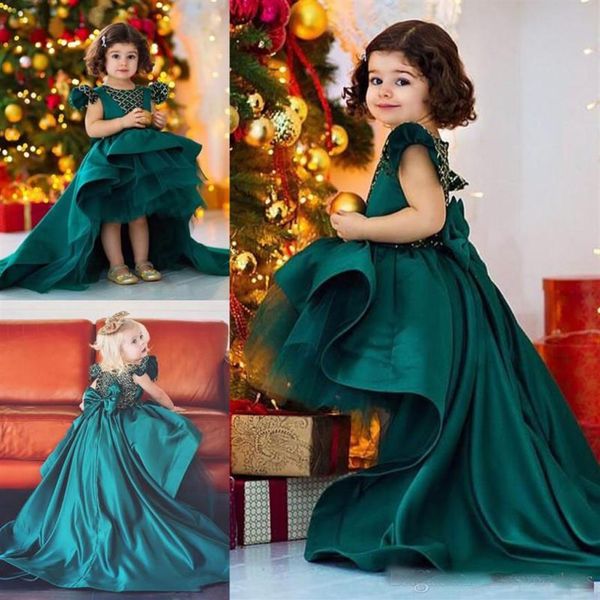 DArk hunter Green Hi Lo filles Pageant Dresse avec cristal perlé à volants Satin ss filles robes d'anniversaire Cuatom Made2027