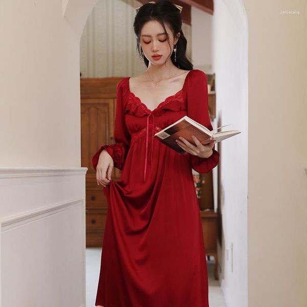 Женская одежда для сна женщины сексуальные квадратные ночные рубашки с тонким ночным платьем нижнее белье Homewear Красная атласная ночная одежда с длинным рукавом