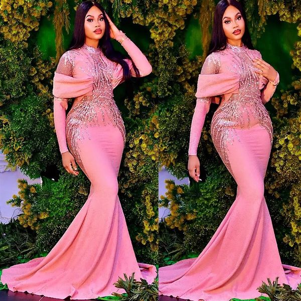 2023 Plus Size Vestidos de Noite Árabe Aso Ebi Rosa Sereia Vestidos de Baile Luxuosos Frisados Lantejoulas Noite Festa Formal Segundo Recepti197u