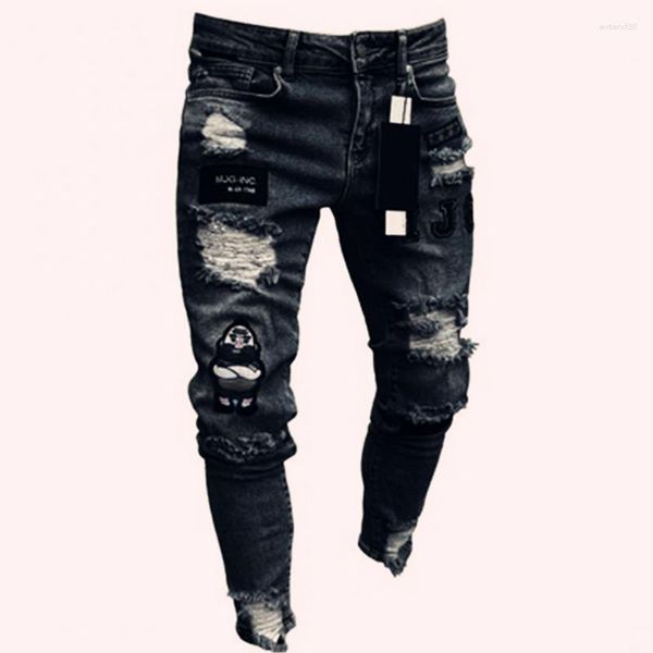 Männer Jeans Europäischen Stil Straße Casual Hosen Mode Mann Loch Für Männer Stretchy Zerrissene Dünne Stickerei Designer Denim Hosen