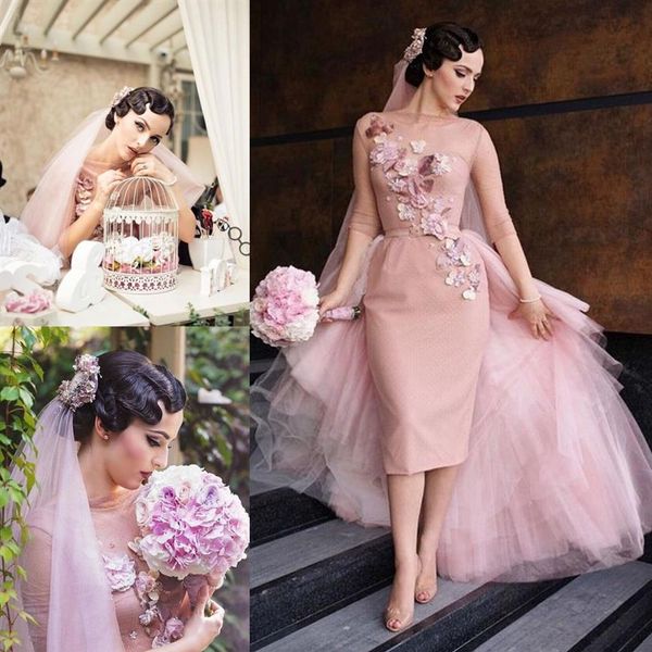 Retro erröten rosa Brautkleider Bateau-Ausschnitt Halbarm handgemachte Blumen Tüll Mantel Tee Länge Vintage kurze Hochzeit Party Dre231p