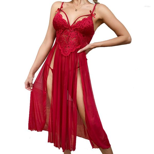 Indumenti da notte da donna Pigiama di grandi dimensioni Summer Red Mesh Lace Slip Lingerie Dress Homewear Reggiseno sexy Perizoma Camicia da notte Abbigliamento da notte per le donne