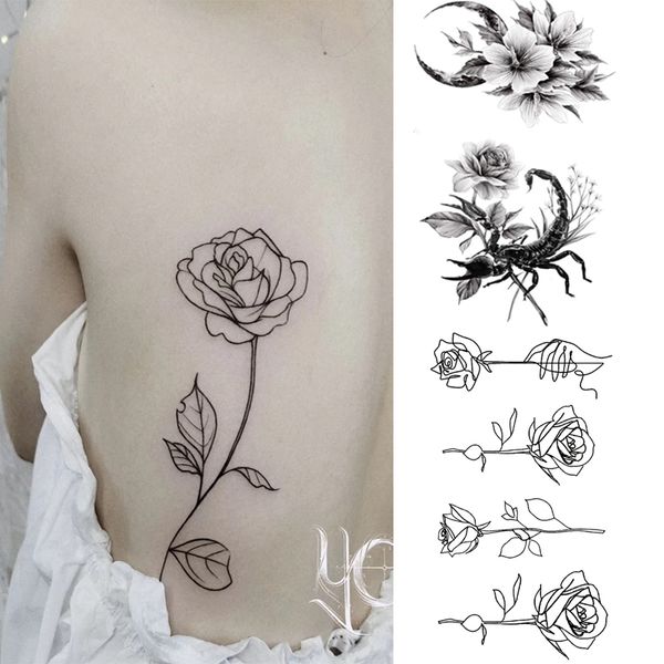 Wasserdichter temporärer Tattoo-Aufkleber, schwarze Blume, Körper, Beine, Arm, Kunst, realistisch, Fake Tattoo, Festival, Party, Bikini, Frauen, Mädchen, Make-up